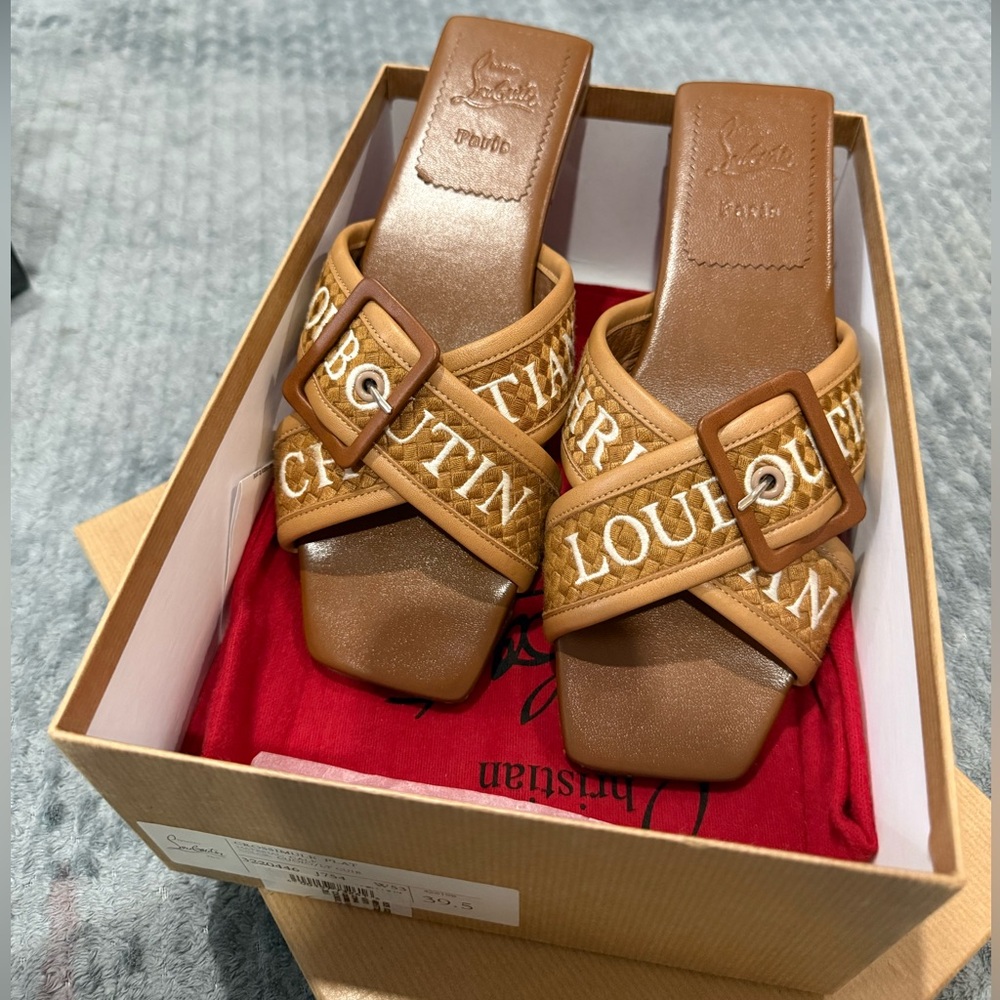 Christian Louboutin Quilted Tan Leather Slide Mules with Logo Straps